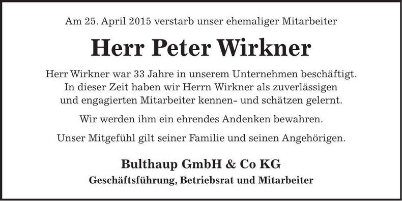 Traueranzeige Peter Wirkner