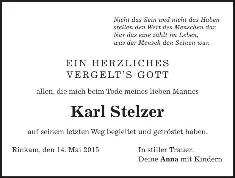 Traueranzeige Karl Stelzer