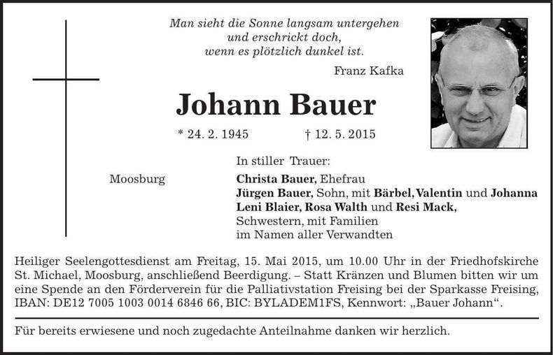 Traueranzeige Johann Bauer