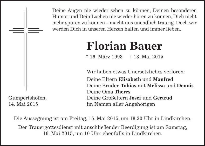 Traueranzeige Florian Bauer