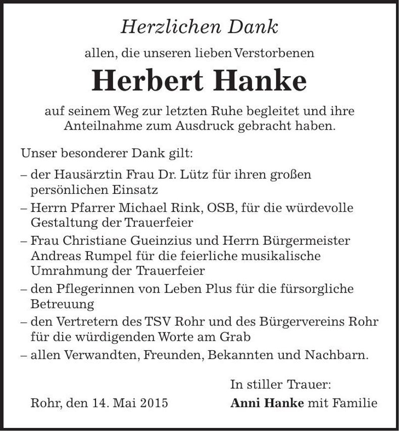 Traueranzeige Herbert Hanke
