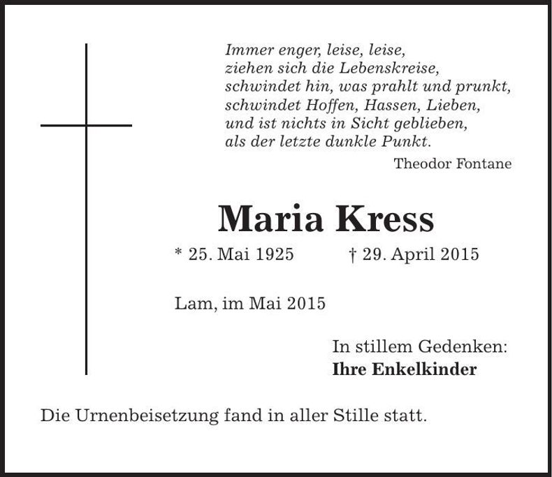 Traueranzeige Maria Kress