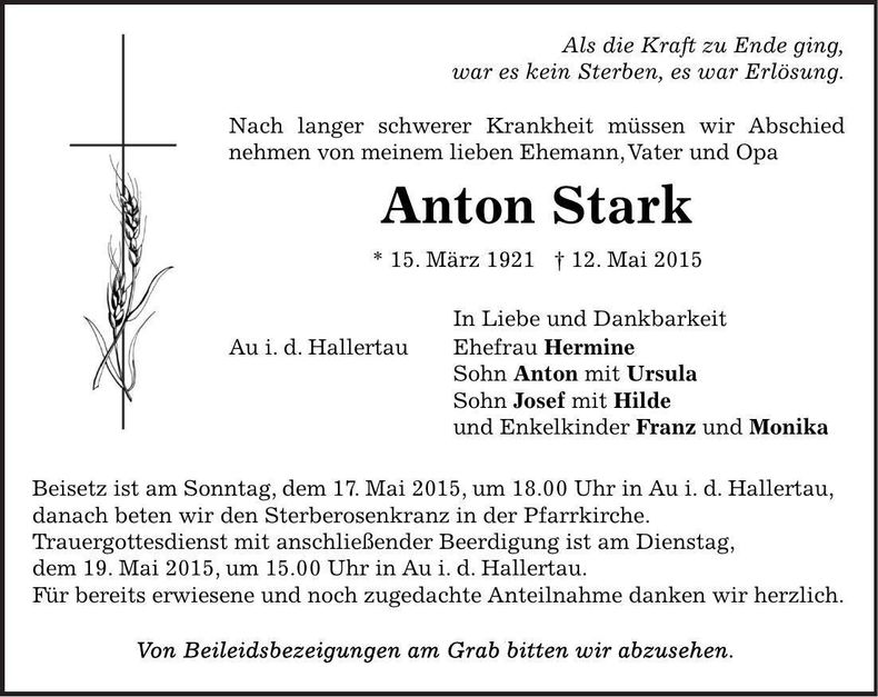 Traueranzeige Anton Stark