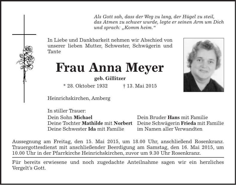 Traueranzeige Anna Meyer
