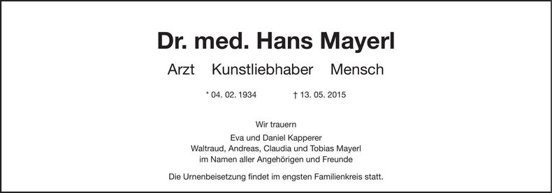 Traueranzeige Hans Mayerl