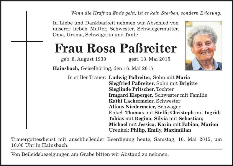 Traueranzeige Rosa Paßreiter