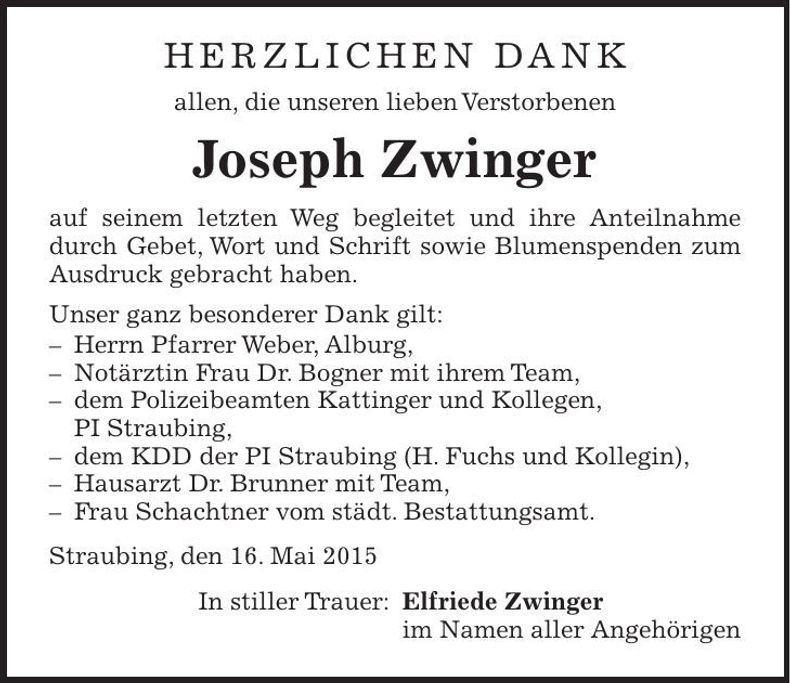 Traueranzeige Joseph Zwinger