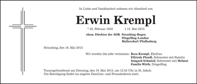 Traueranzeige Erwin Krempl