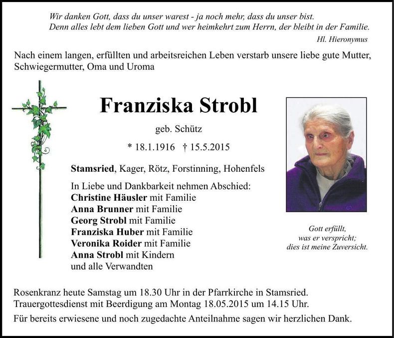 Traueranzeige Franziska Strobl