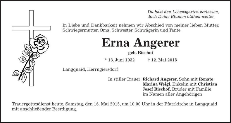 Traueranzeige Erna Angerer