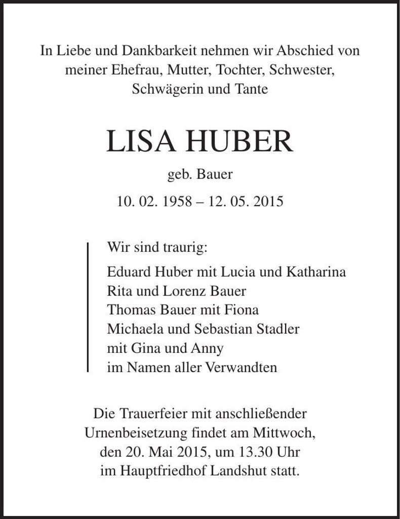 Traueranzeige Lisa Huber
