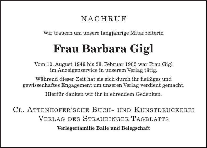 Traueranzeige Barbara Gigl
