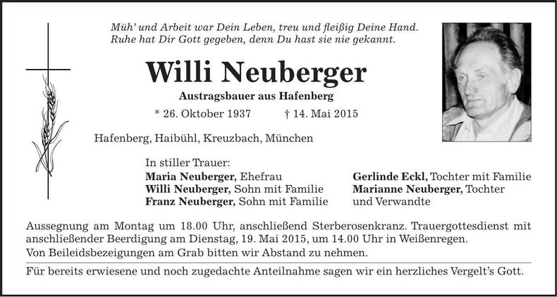 Traueranzeige Willi Neuberger