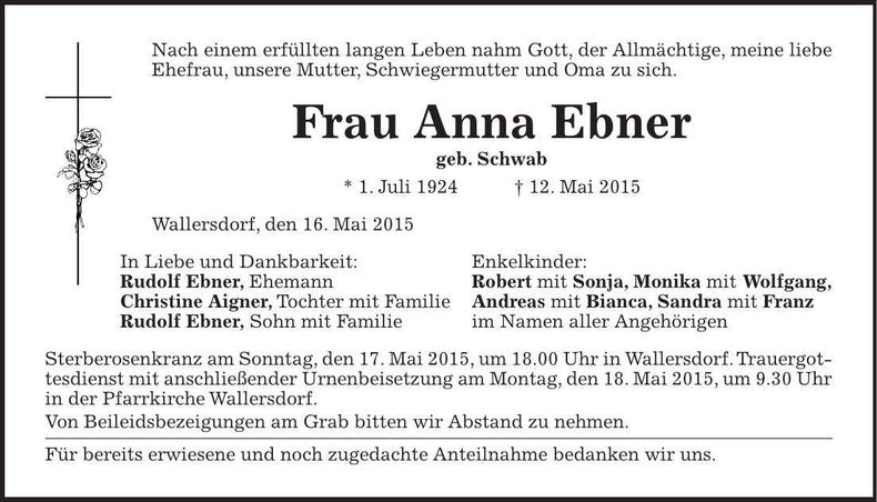 Traueranzeige Anna Ebner