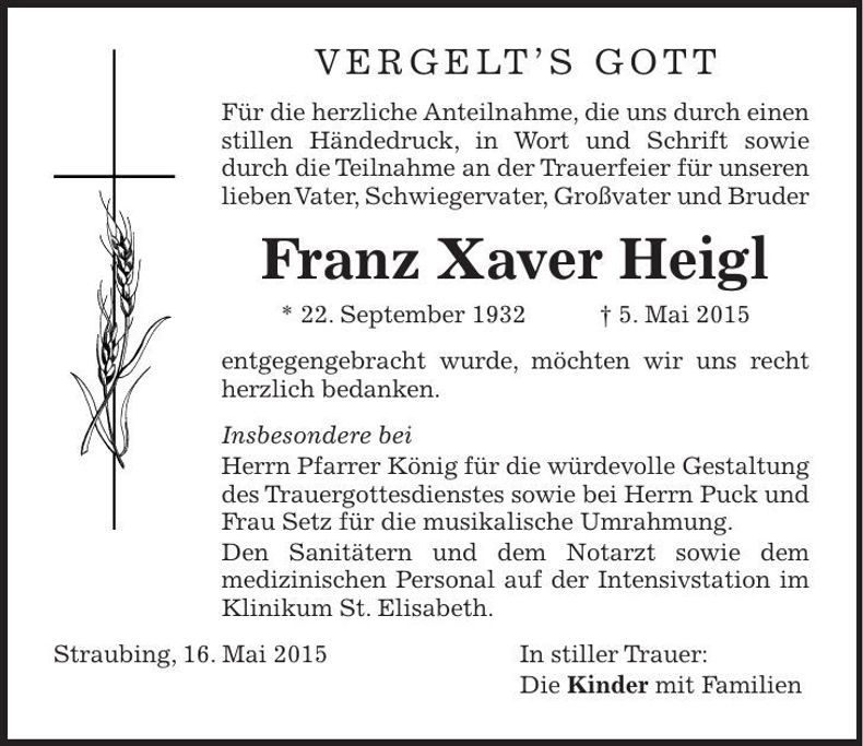 Traueranzeige Xaver Heigl