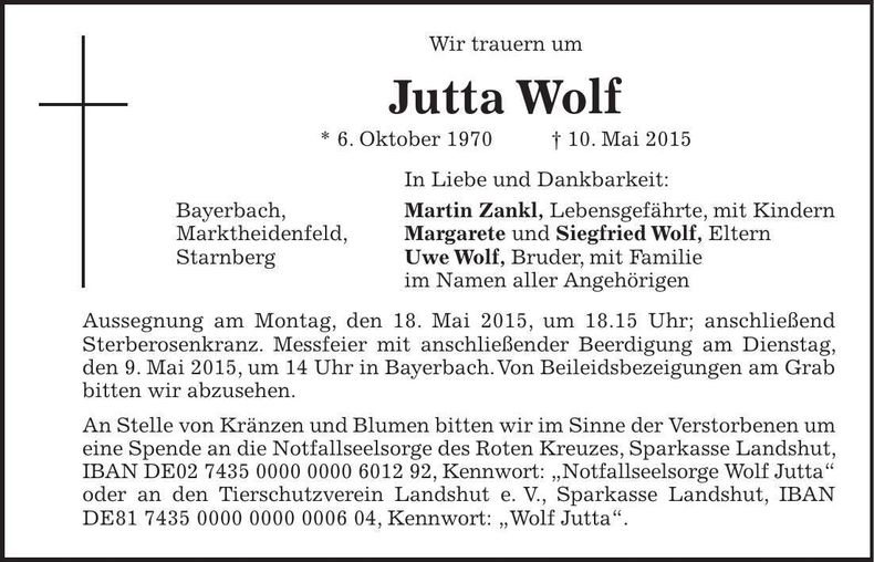 Traueranzeige Jutta Wolf