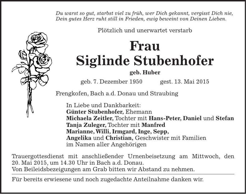 Traueranzeige Siglinde Stubenhofer