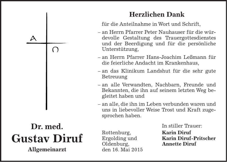 Traueranzeige Gustav Diruf