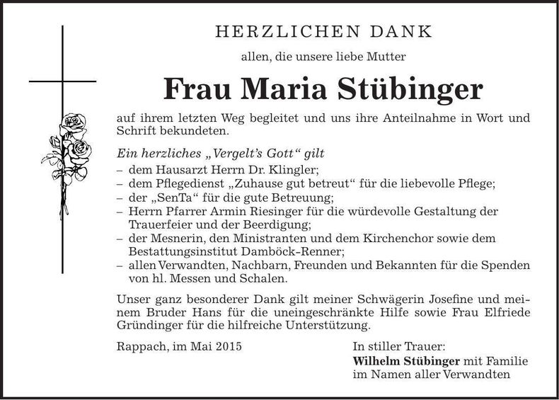 Traueranzeige Maria Stübinger