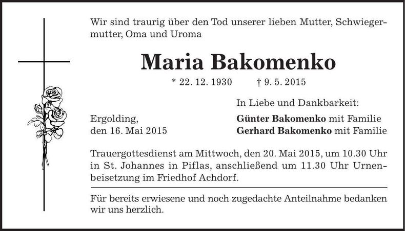 Traueranzeige Maria Bakomenko
