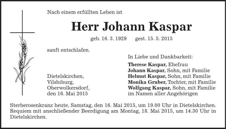 Traueranzeige Johann Kaspar