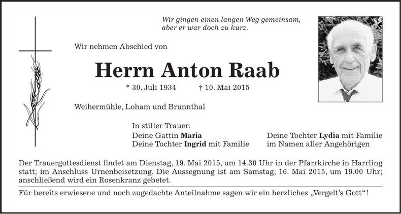 Traueranzeige Anton Raab