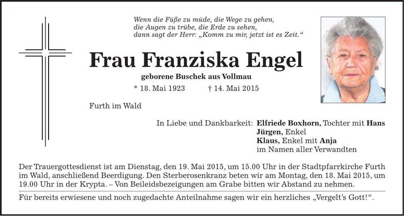 Traueranzeige Franziska Engel