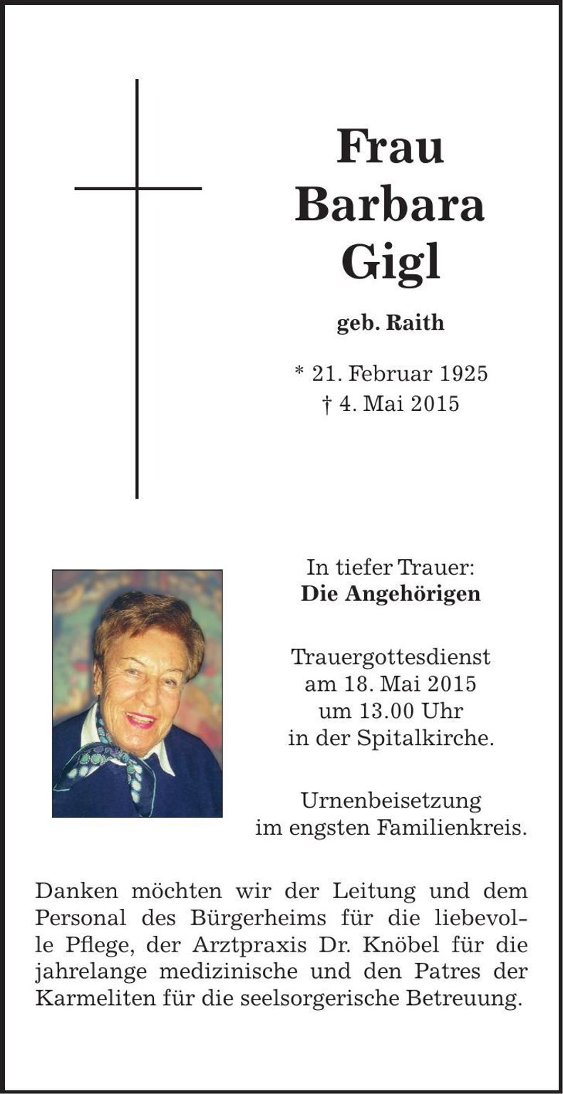 Traueranzeige Barbara Gigl