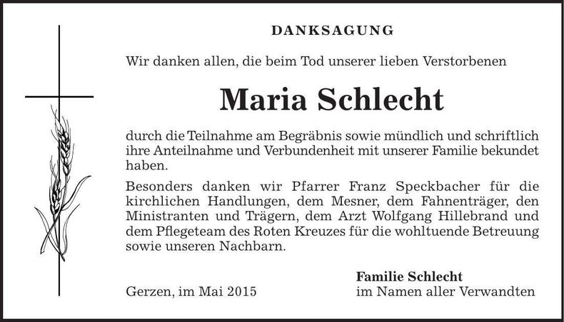 Traueranzeige Maria Schlecht