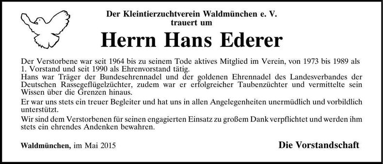 Traueranzeige Hans Ederer
