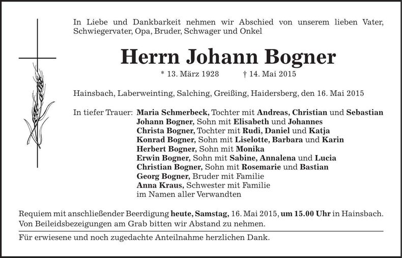 Traueranzeige Johann Bogner