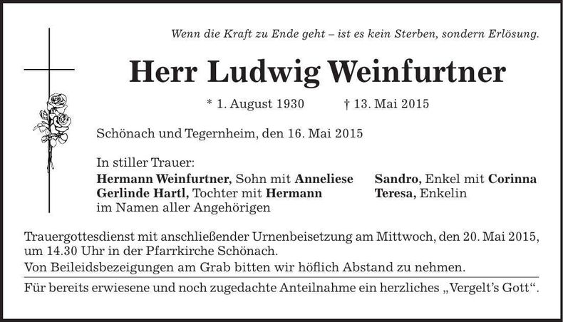 Traueranzeige Ludwig Weinfurtner