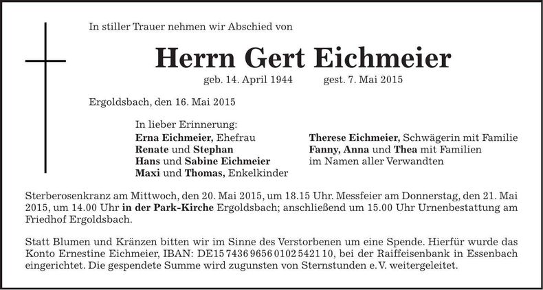 Traueranzeige Eichmeier Gert