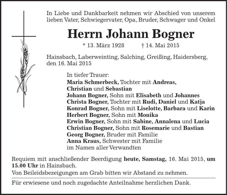 Traueranzeige Johann Bogner