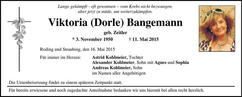 Traueranzeige Viktoria (Dorle) Bangemann