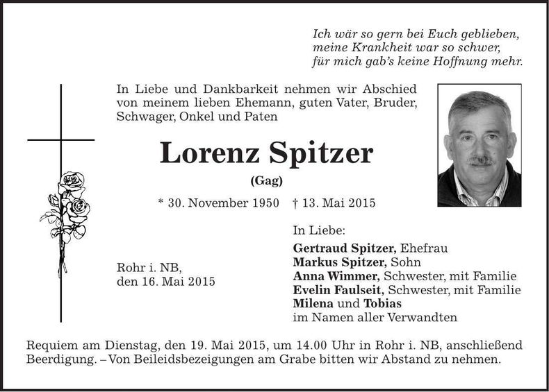 Traueranzeige Lorenz Spitzer