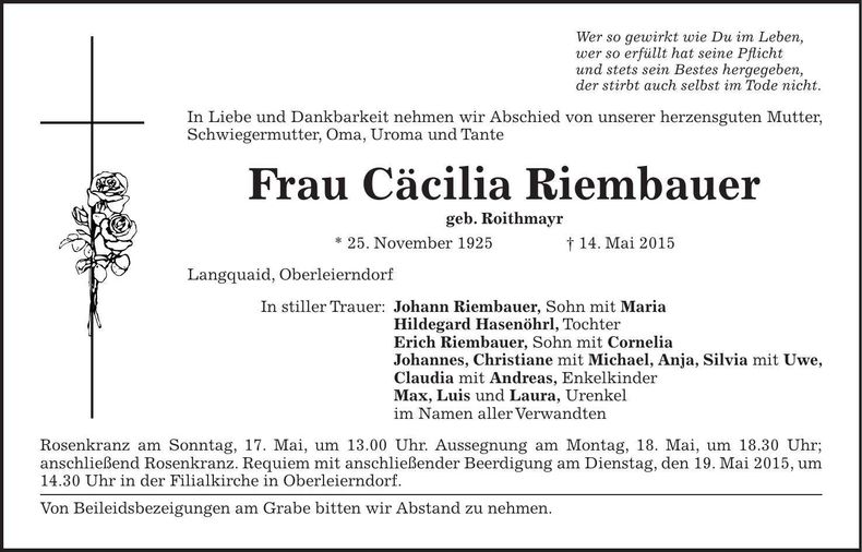 Traueranzeige Cäcilia Riembauer