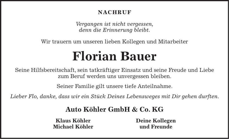 Traueranzeige Florian Bauer