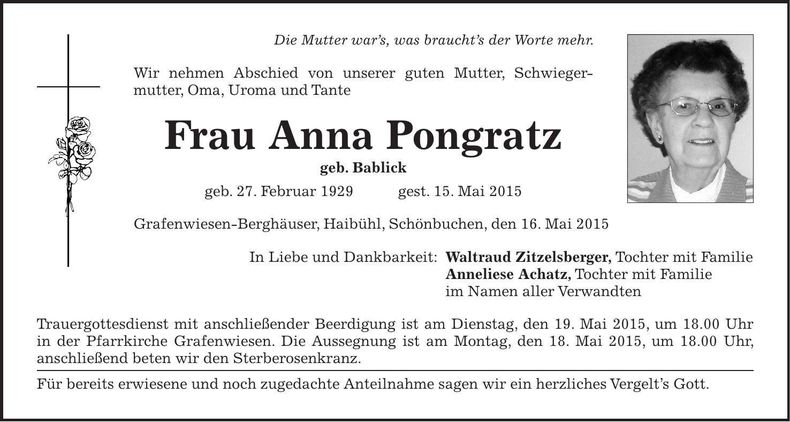 Traueranzeige Anna Pongratz