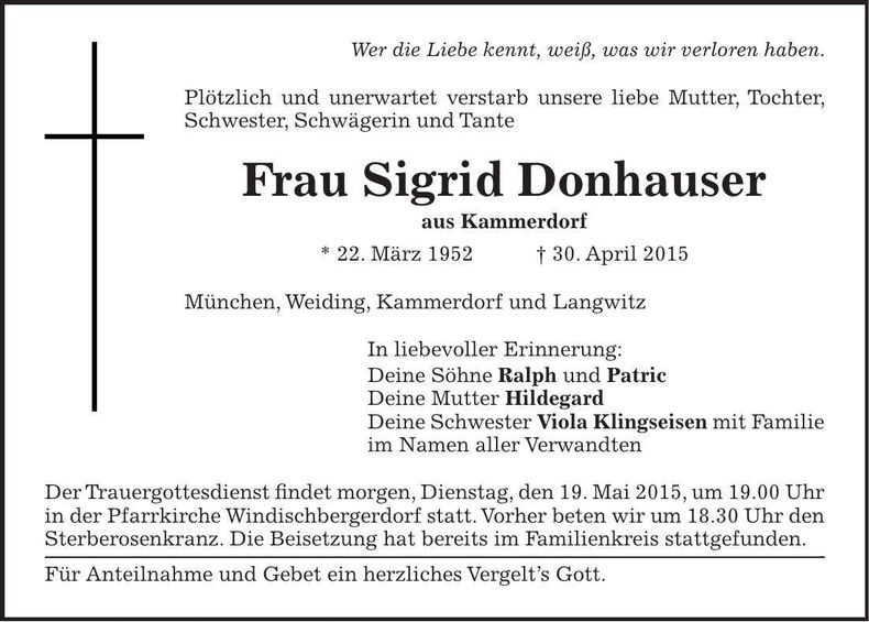 Traueranzeige Sigrid Donhauser