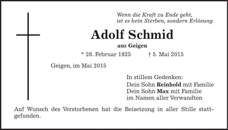 Traueranzeige Adolf Schmid