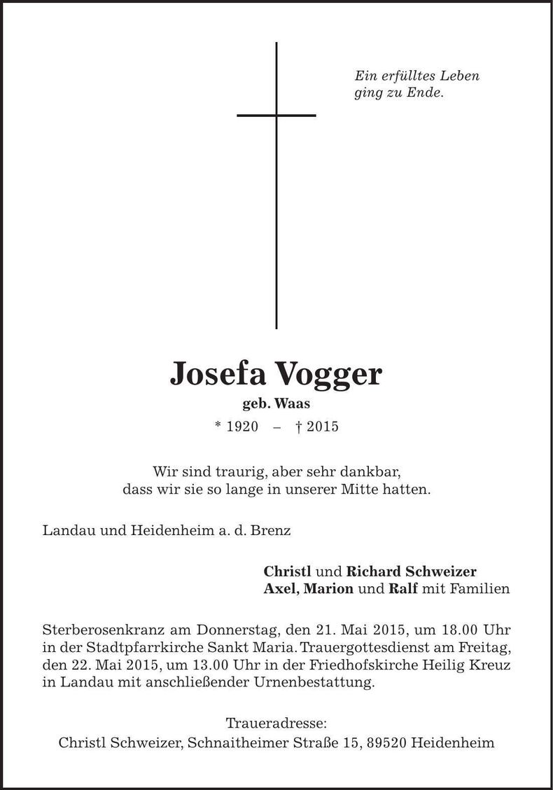 Traueranzeige Josefa Vogger