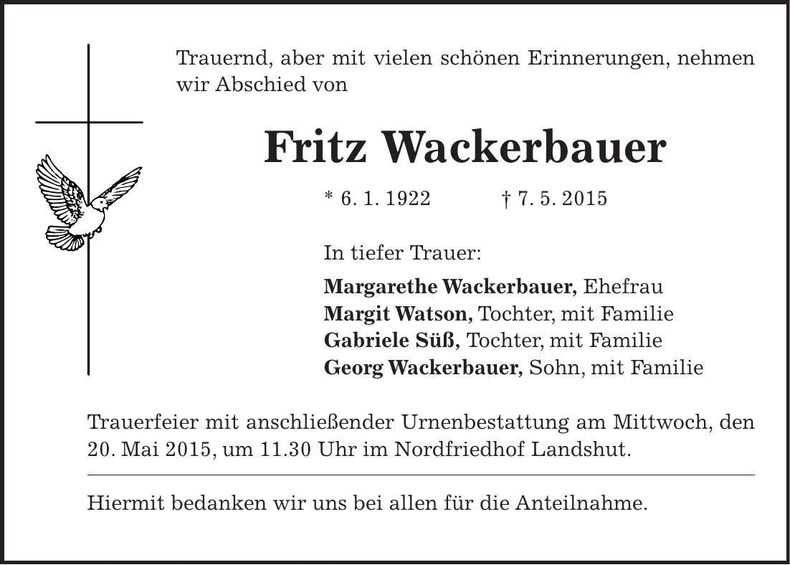 Traueranzeige Fritz Wackerbauer