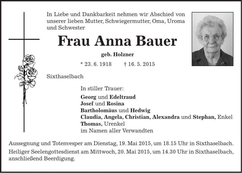 Traueranzeige Anna Bauer