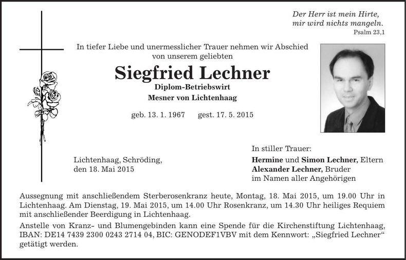 Traueranzeige Siegfried Lechner