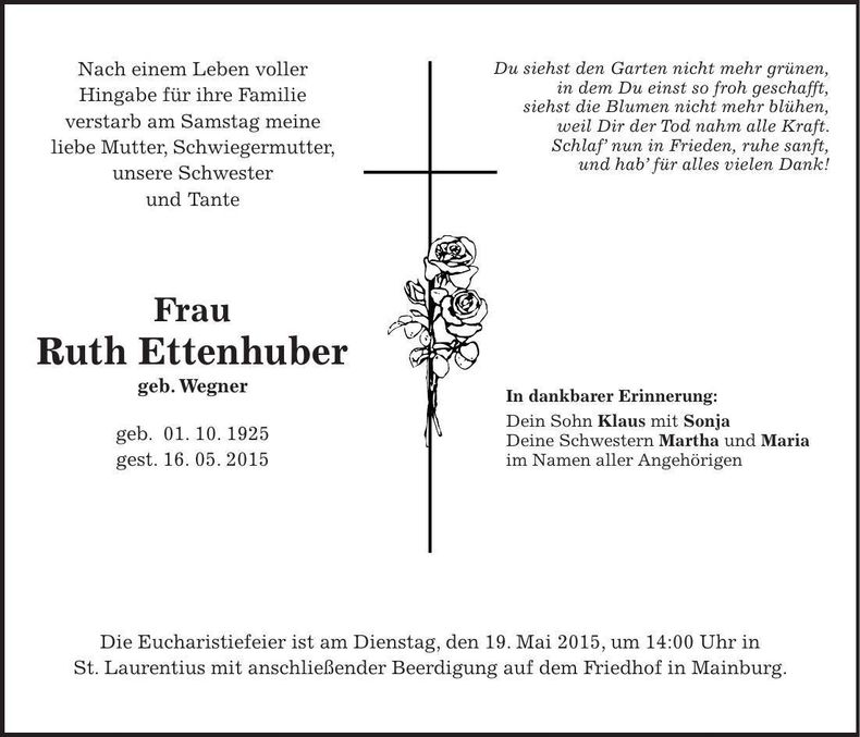 Traueranzeige Ruth Ettenhuber