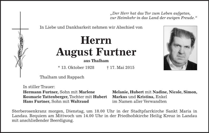 Traueranzeige August Furtner