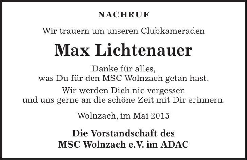 Traueranzeige Max Lichtenauer