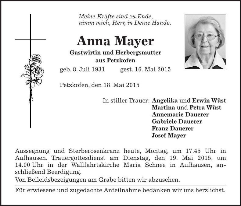 Traueranzeige Anna Mayer