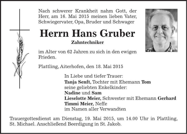 Traueranzeige Hans Gruber